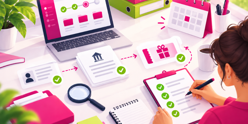 Ilustración de los pasos para solicitar el Kit Digital: datos de empresa, trámite oficial y bono digital